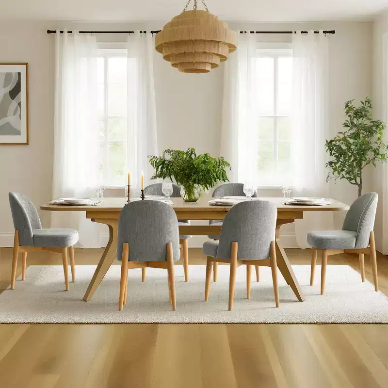 7-Piece Dining Table Set, 78-96 Extendable Trestle Base Table with Upholstered Chairs Featuring Solid Wood Legs-Panipeachy