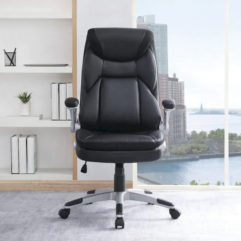 Executive Bonded Leather Office Chair with Lumbar Support, Locking Tilt and Flip Arms – Taupe / Black / Charcoal, for 1 Person