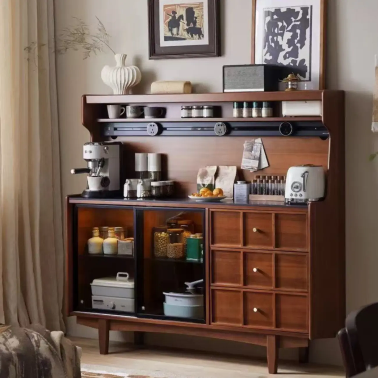Modern Espresso Wood Buffet with Stone Top