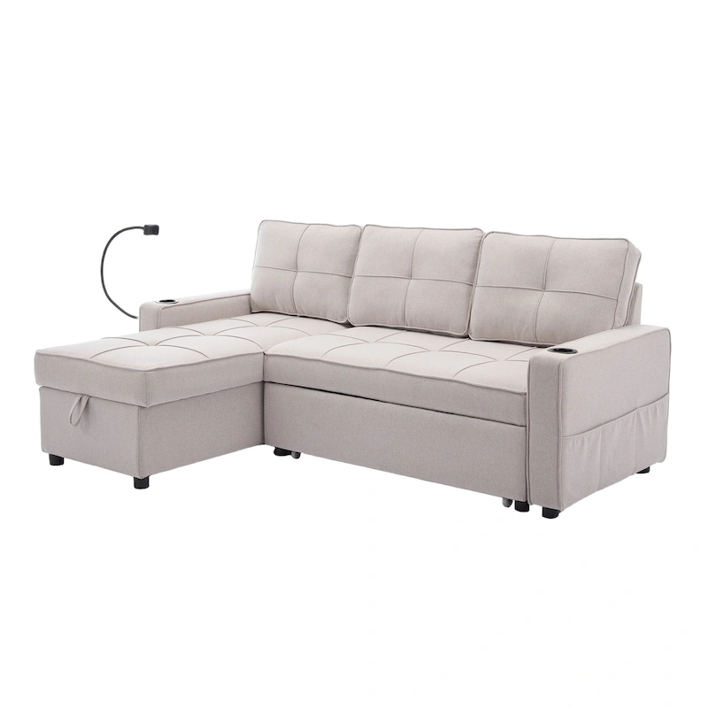Linen Sleeper Sofa with Push-out Sofa Bed, Extra Storage Space, Phone Holder & USB Charger