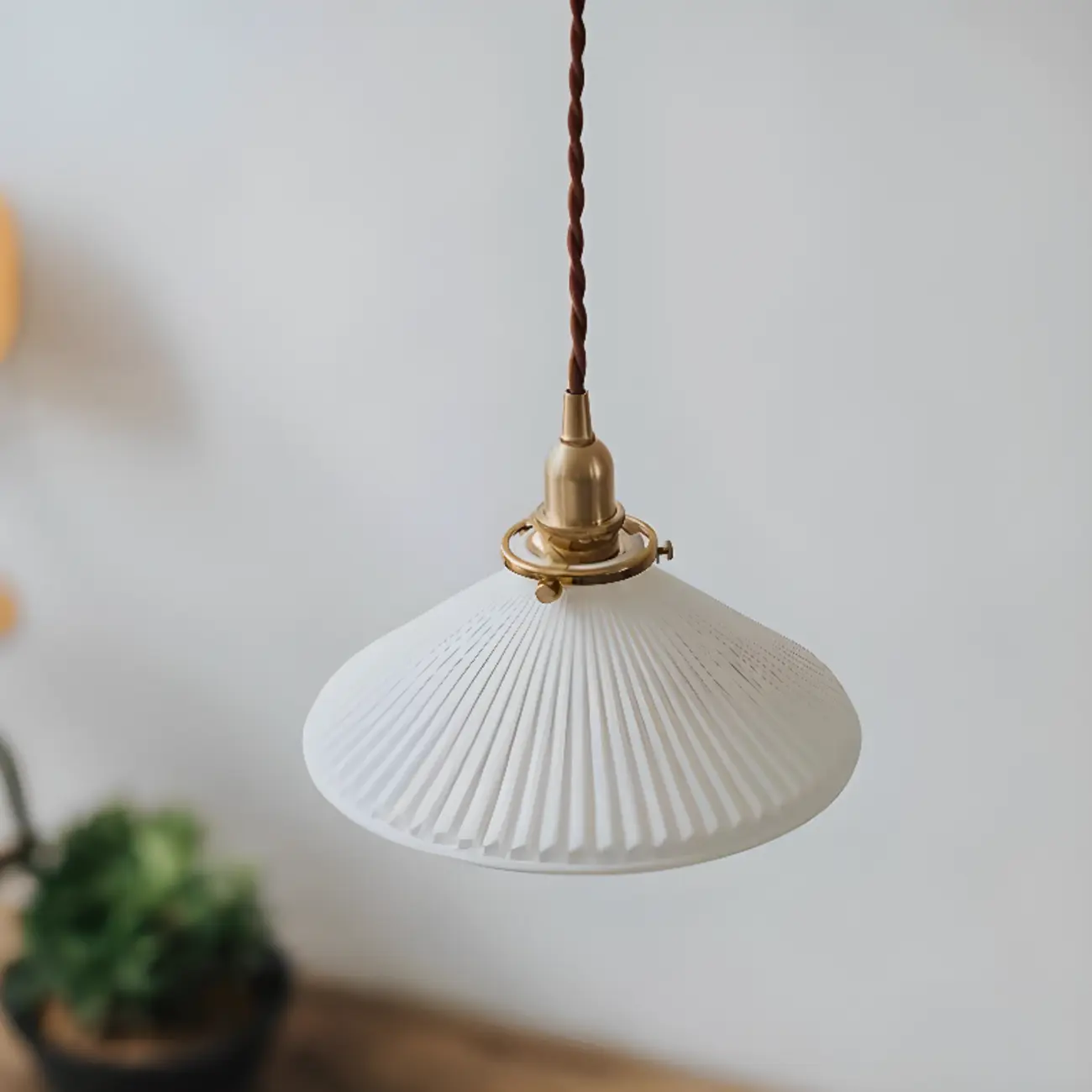 White Ceramics Pleated Cone Hanging Pendant Light