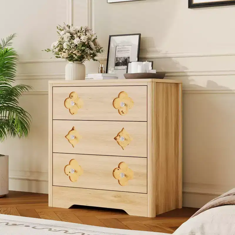 Natural/White 3-Drawer Bedroom Dresser with Storage Cabinet