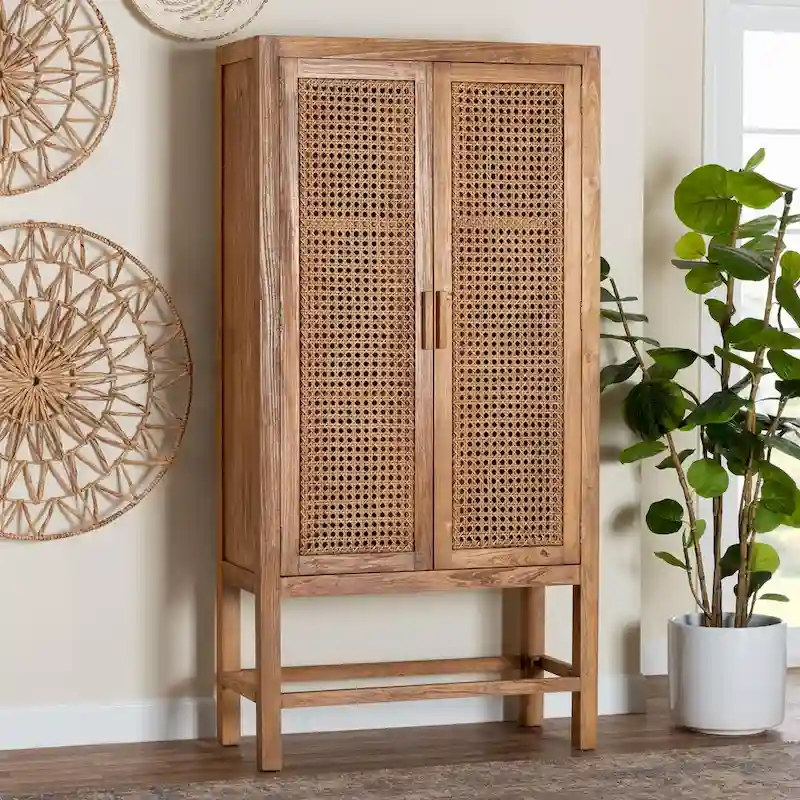 Sibu Bohemian Natural Rattan and Teak Wood Tall Cabinet