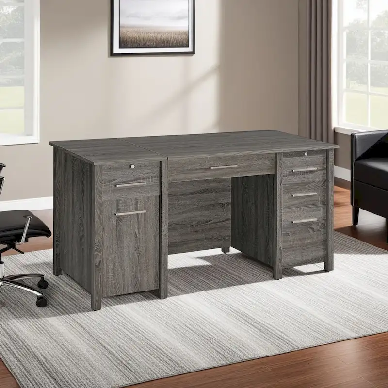 Wim 60 Inch 4 Drawer Lift Top Office Desk, 2 Pull Out Trays, Weathered Gray