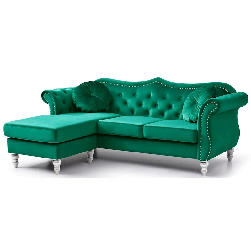 81 in. Velvet Chesterfield Sectional Sofa with 2-Throw Pillow - 81L x 35W x 34H