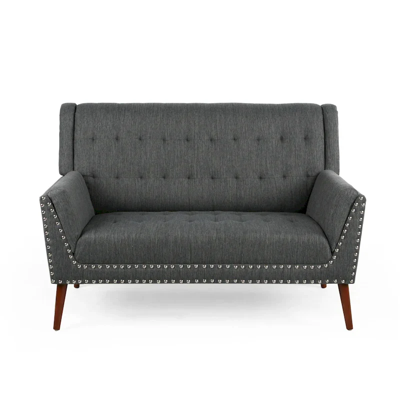 Mid-Century Modern Fabric Settee with Nailhead Trim