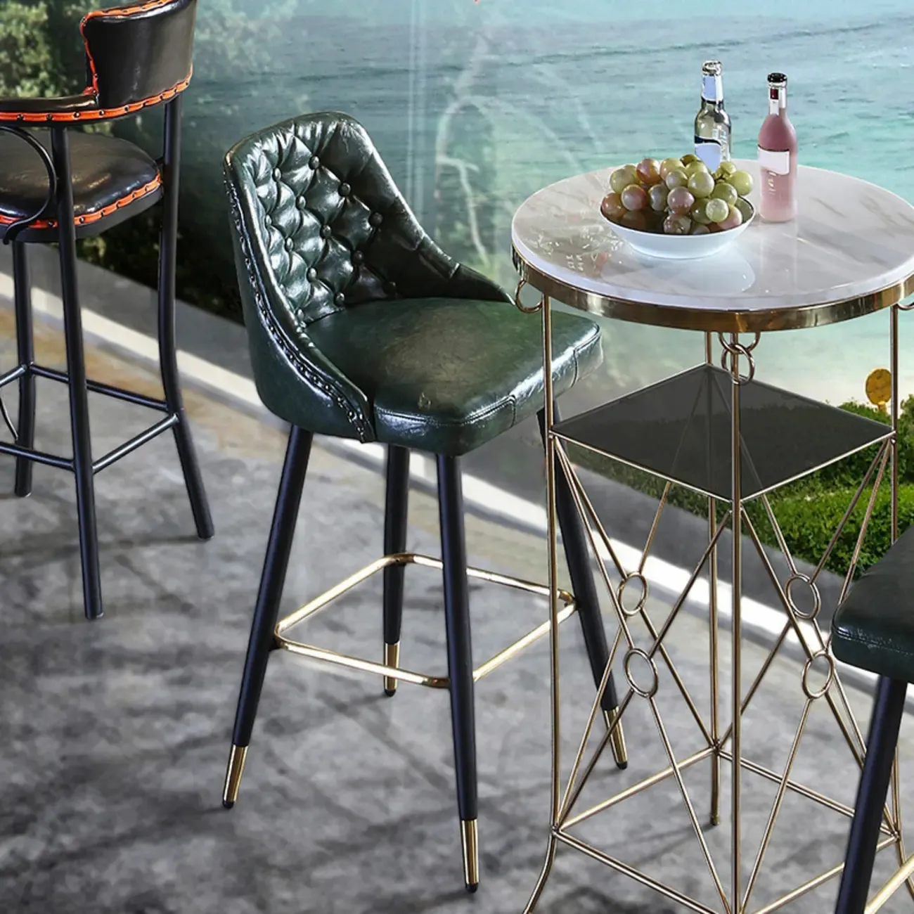 Glam Tufted Green Leather Seat Curved Back Counter Bar Stools