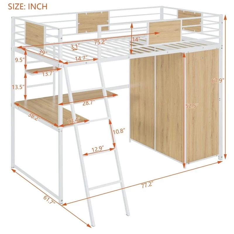 Twin Size Loft Bed with L-Shape Desk and Wardrobe