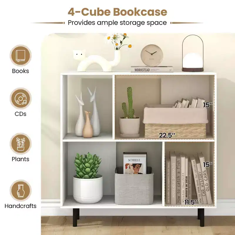 Black/Natural/White Mid-Century Modern 4-Cube Open Bookshelf, Single