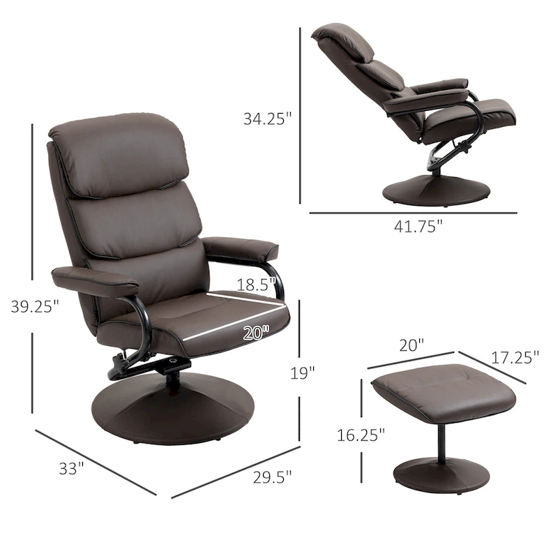 HOMCOM Recliner Chair with Ottoman, Swivel PU Leather High Back Armchair w/ Footrest Stool, 135 Adjustable Backrest