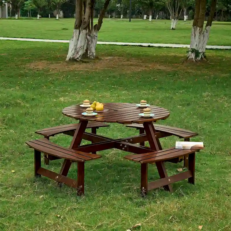 Outdoor 8 Person Picnic Table,8 person Round Picnic Table with 4 Built-in Benches,Umbrella Hole,Outside Table and Bench Set