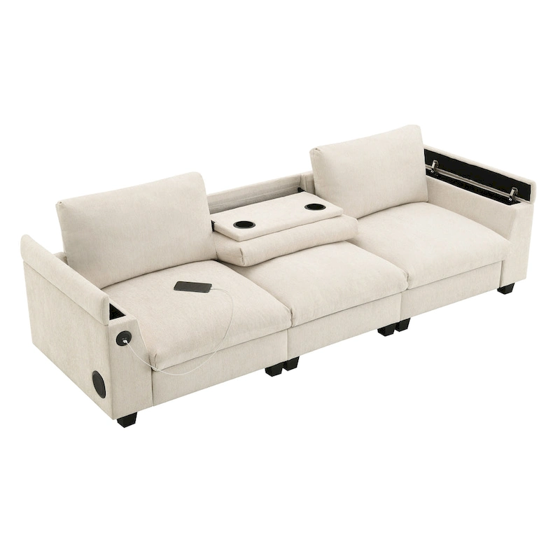 96 Chenille Smart Sectional Sofa with Bluetooth Speaker, Drop-Down Table & USB Charger and 3-Seater Cloud Couch