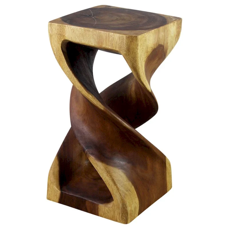 Double Twist Stool/Side Table, Carved Monkey Pod Wood, Natural Oak Oil Finish, 12