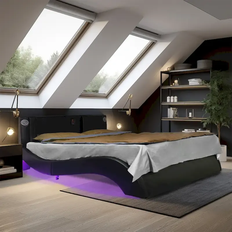 Queen Size Faux Leather Upholstered Platform Bed with LED Lighting and Wood Slat Support
