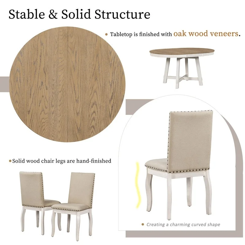 Farmhouse Dining Table Set Wood Round Extendable Dining Table and 4 Upholstered Dining Chairs