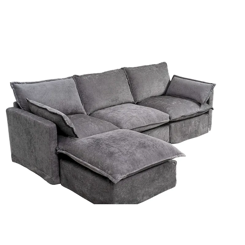 93.31 Faux Linen Modular Sectional Sofa with Movable Ottoman, Solid Wood Frame, and High-Resilience Foam Cushions