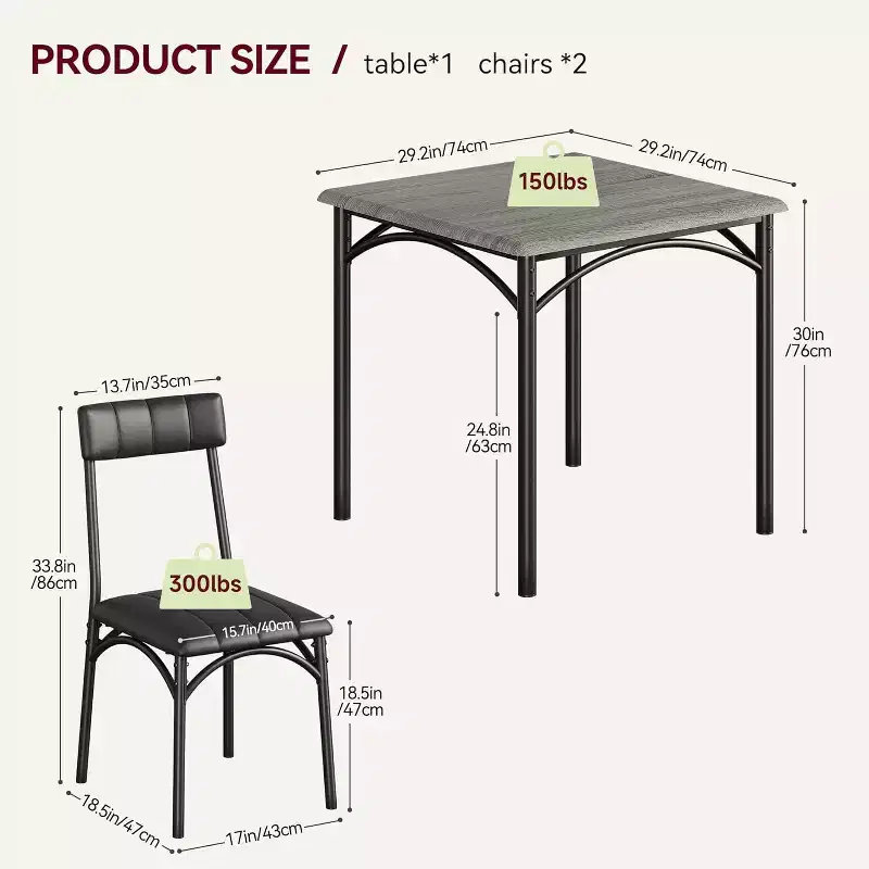 Modern Rustic Square Dining Set, 29.2' L x W 30.1' H Table, 33.7' 18.4' 17' Chairs, 2 Person, Metal & MDF, Easy Assembly, Space-Saving