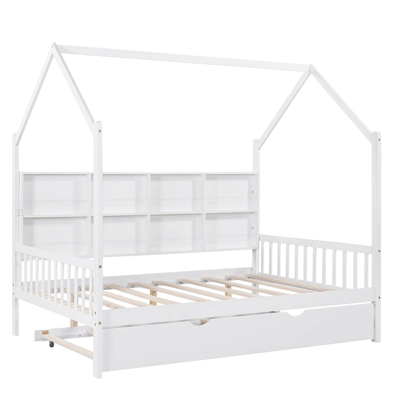 White Wooden Kids House Bed with Trundle and Shelf