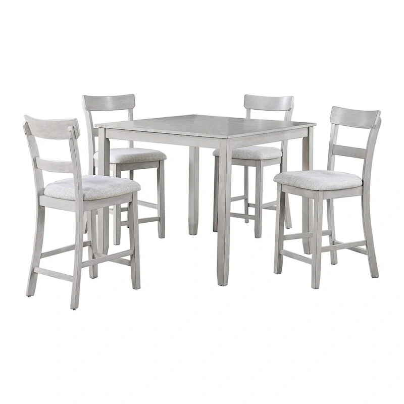 5 Piece Set Counter Height Dining Table, 4 Chairs, Gray Fabric, Wood