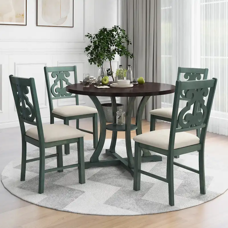 Retro 5-Piece Wooden Dining Table Set with 4 Chairs & Round Table