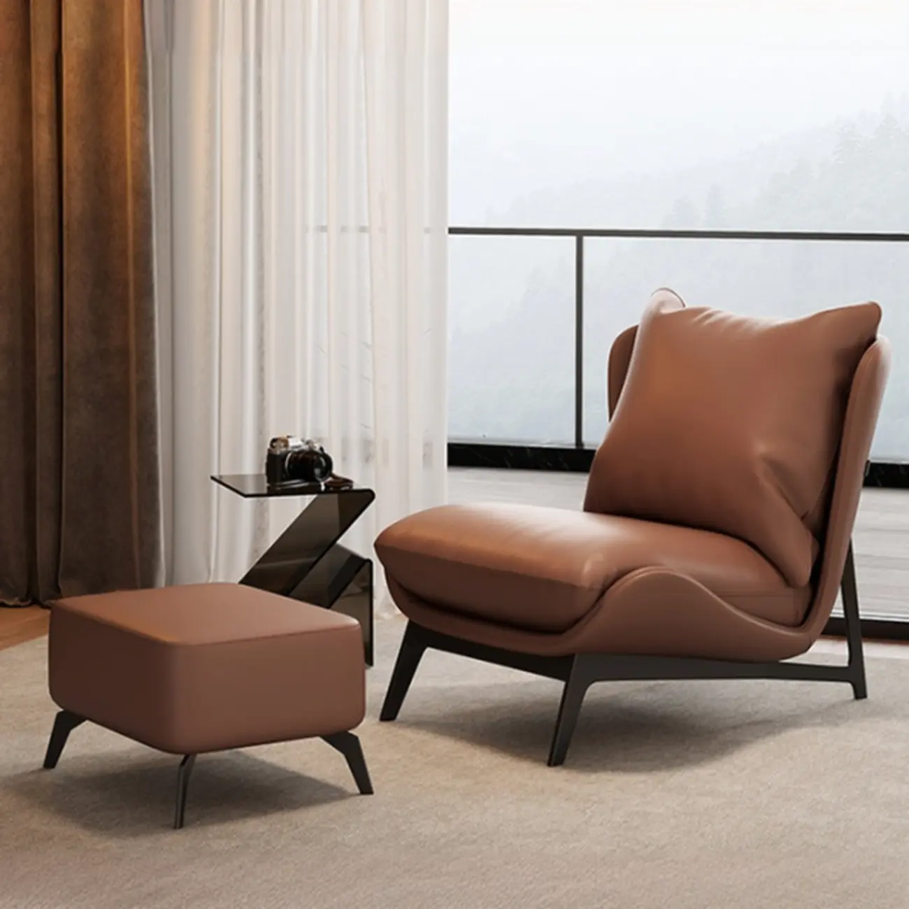 Modern Cat-Resistant Leather Accent Chair with Ottoman