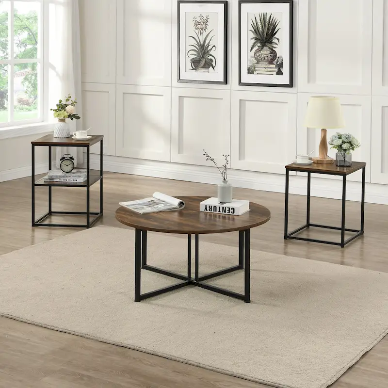 Myhozm 3-piece Round Coffee and Side Table Set with Open Shelves