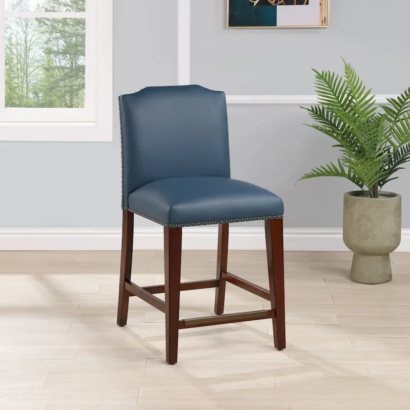 Stationary Faux Leather Counter Stool with Nail Head Trim, Modern Bar Stool