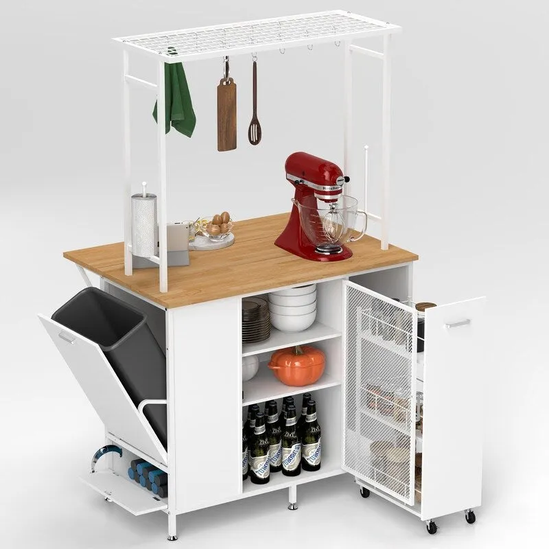 Kitchen Island with Folding Flip-Up Panel, Cabinet Shelves and Drawers, Hooks