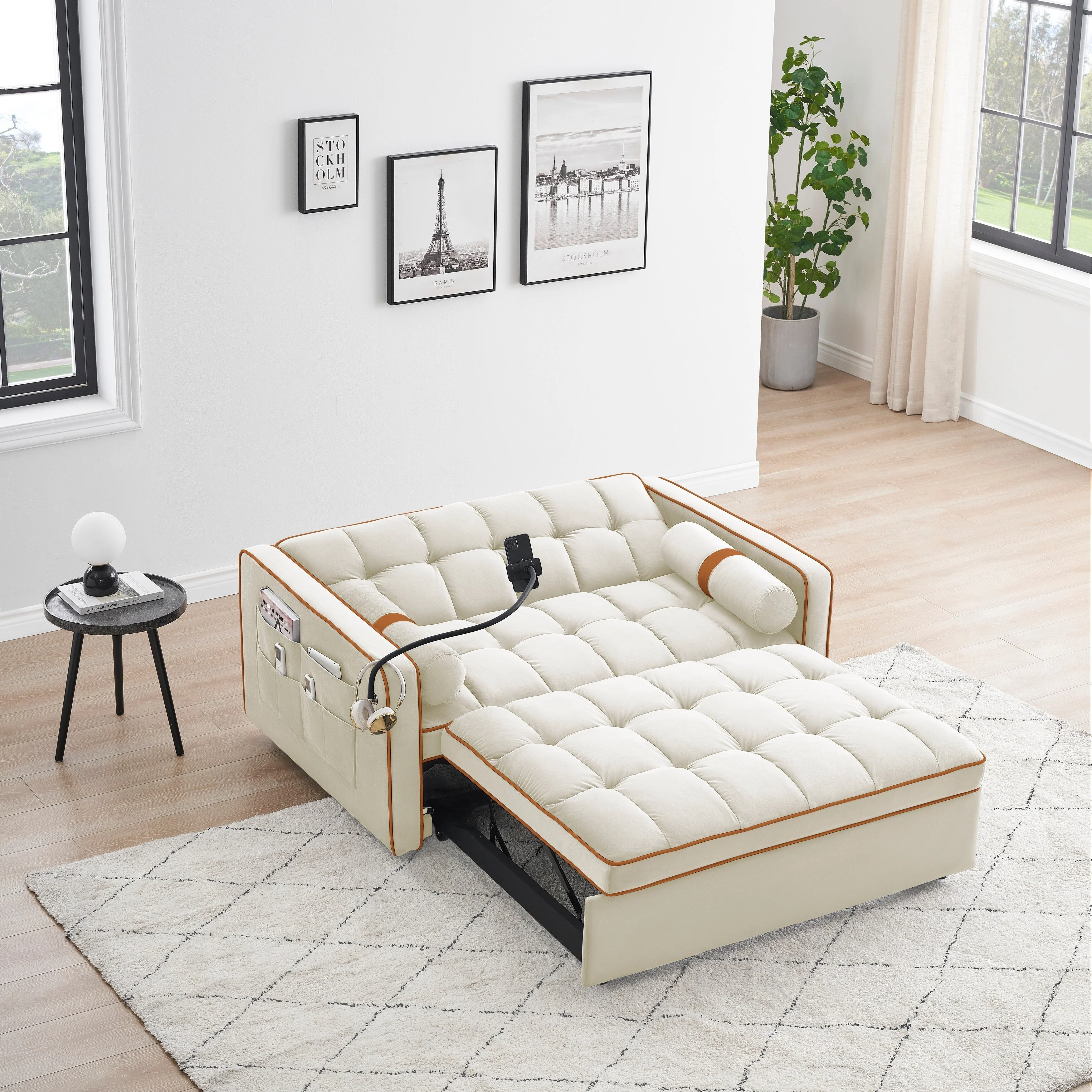 Velvet Convertible 55'' 2-Seater Sleeper Sofa with Pull-Out Bed, Adjustable Recline, Side Pockets, and Phone Holder