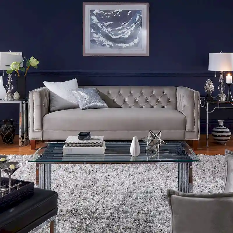 Grey Velvet Tufted Sofa and Loveseat with Nailhead Trim