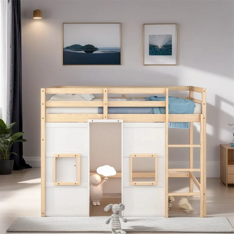 Twin Size Wood Loft Bed with Built-in Storage Wardrobe and Guardrails