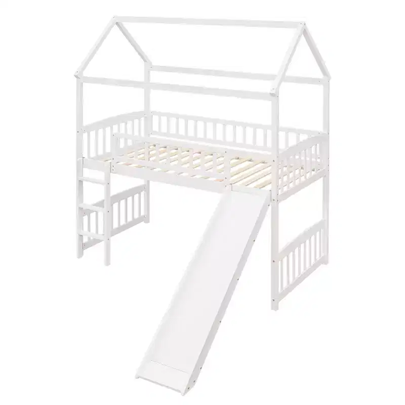 Twin House Loft Bed with Slide, Wood Playhouse Loft Bed Frame with Ladder and Roof