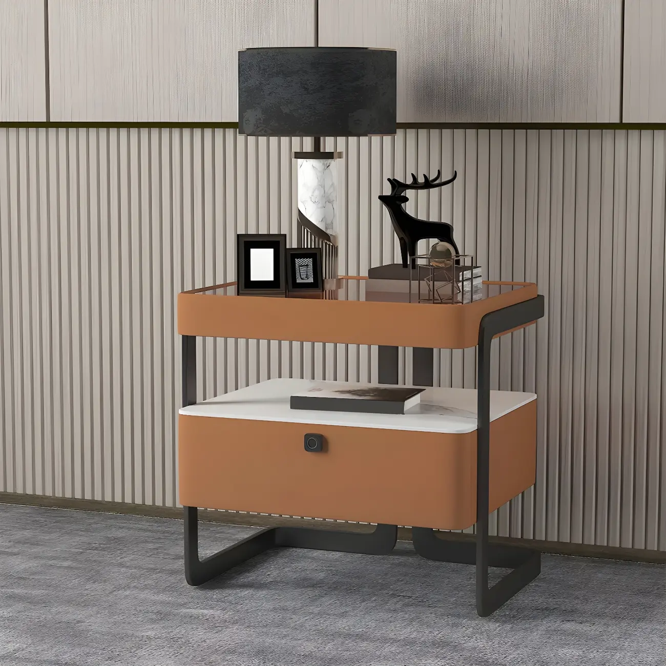 Modern Wood Nightstand with Glass Countertop and Drawer