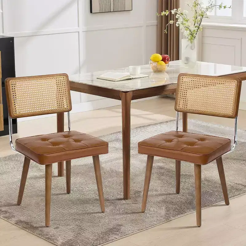 Modern Dining Chairs Set of 2, Upholstered Natural Rattan Kitchen Chairs Accent Chair, Armless Side Chairs with Upholstered Velvet Fabric