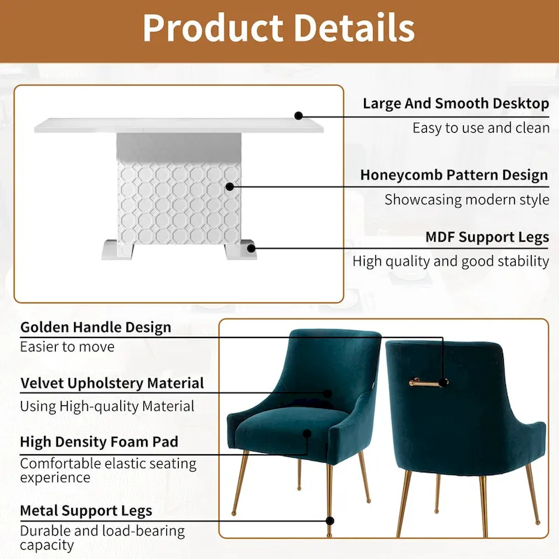 7-Piece Clihome High-gloss Extendable Table Velvet Chair Dining Set