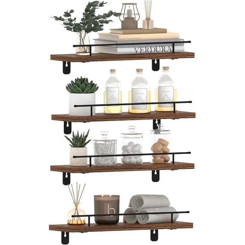 Floating Shelves Wall Set of 4, Hanging Storage Wall Shelf with Metal Guardrail