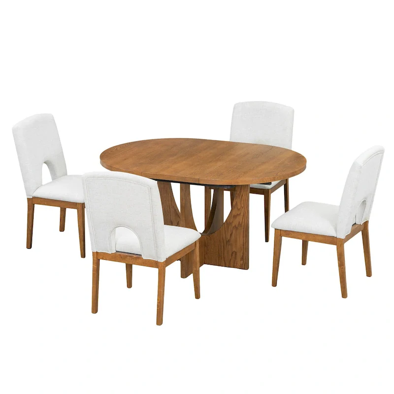 5-Piece Round Extendable Dining Table Set with Upholstered Chairs