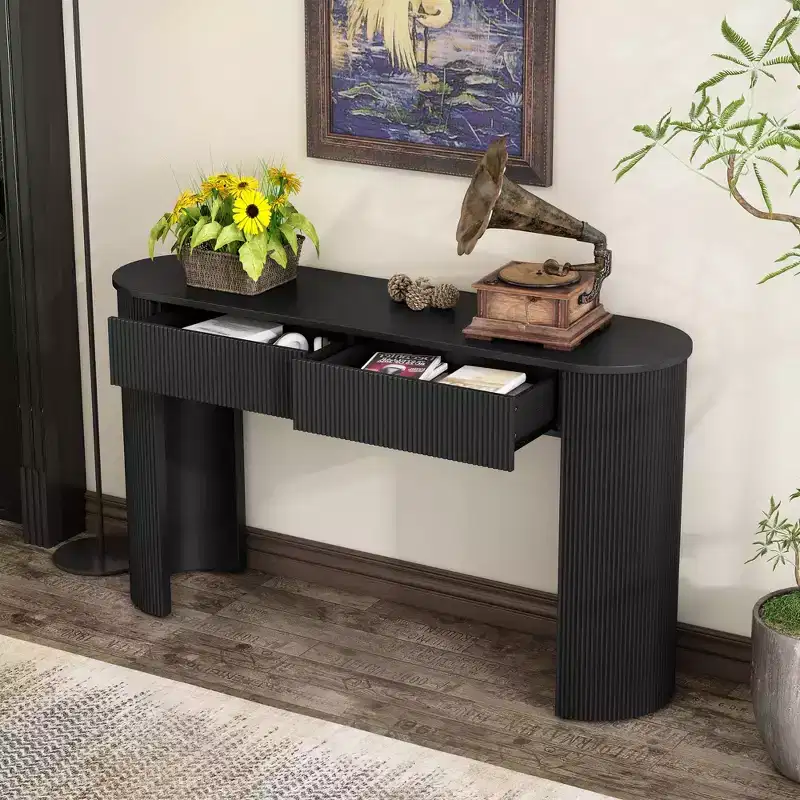 Okak 54IN Modern Console Table with Fluted Design, Entryway Table with 2 Storage Drawers and Oval Top, Accent Table for Hallway, Living Room, Black