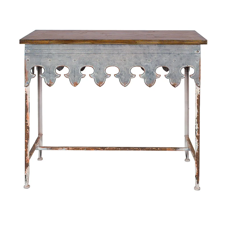 Zinc-Finished Metal and Wood Scalloped Edge Sofa Table