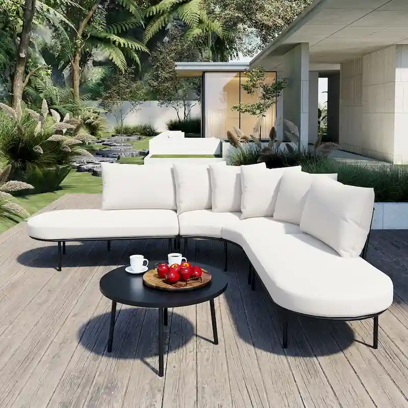 Iron Curved Sectional Sofa Set with Table and Cushions