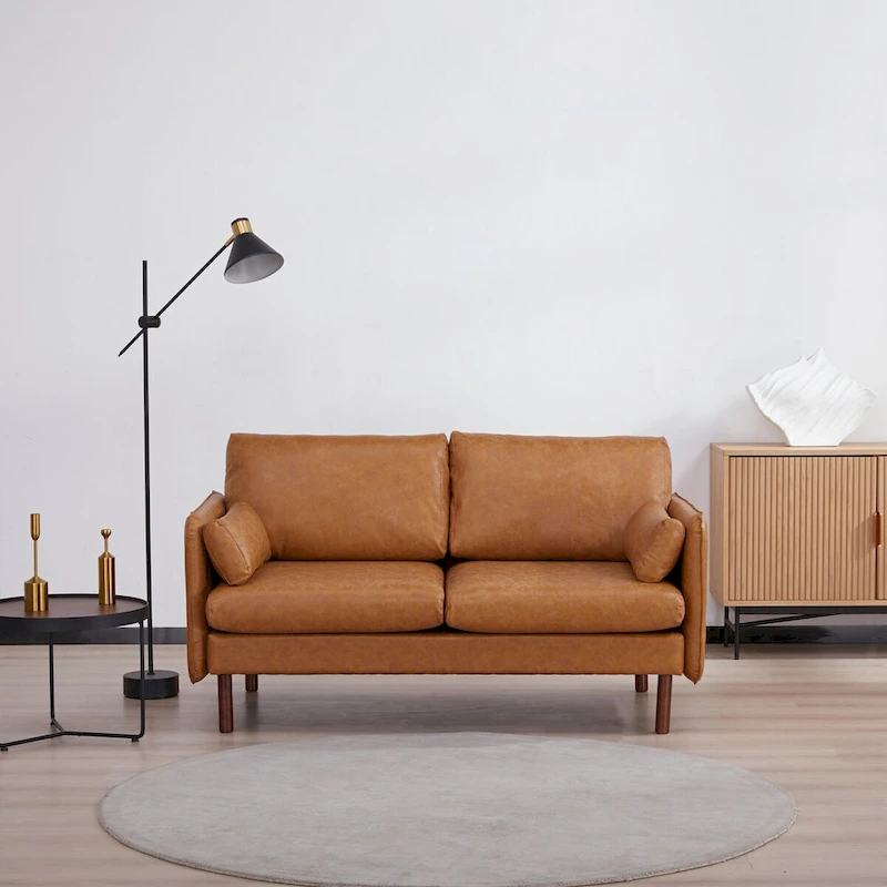 Yucca Modern Loveseat Sofa, Polyester / Vegan Leather Settee Couch - Includes 2 Pillows