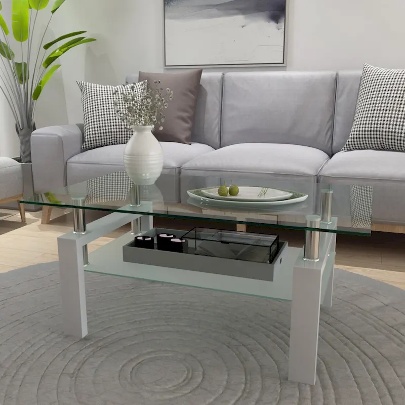 Rectangle Coffee Table Glass Tabletop with Lower Shelf