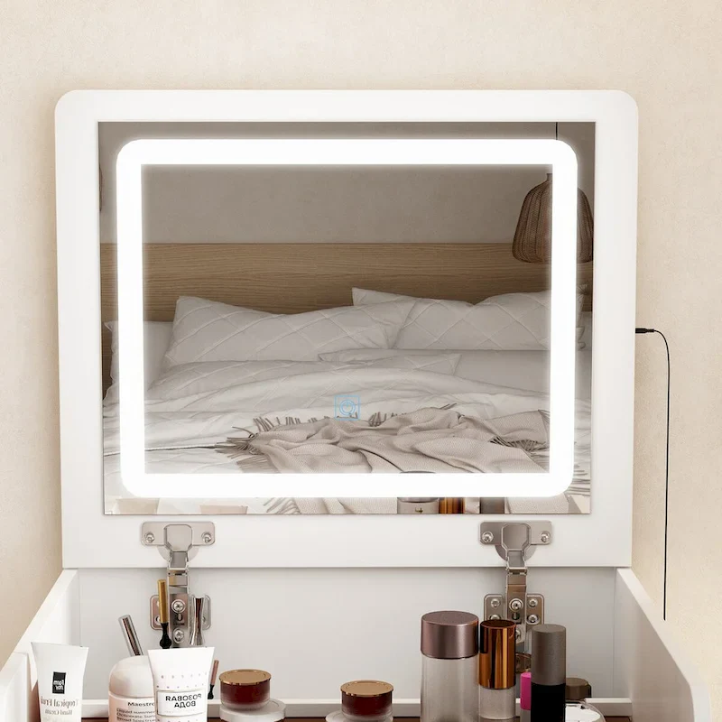 Vanity Set LED Mirror Storage Stool Adjustable Lighting Glass Top