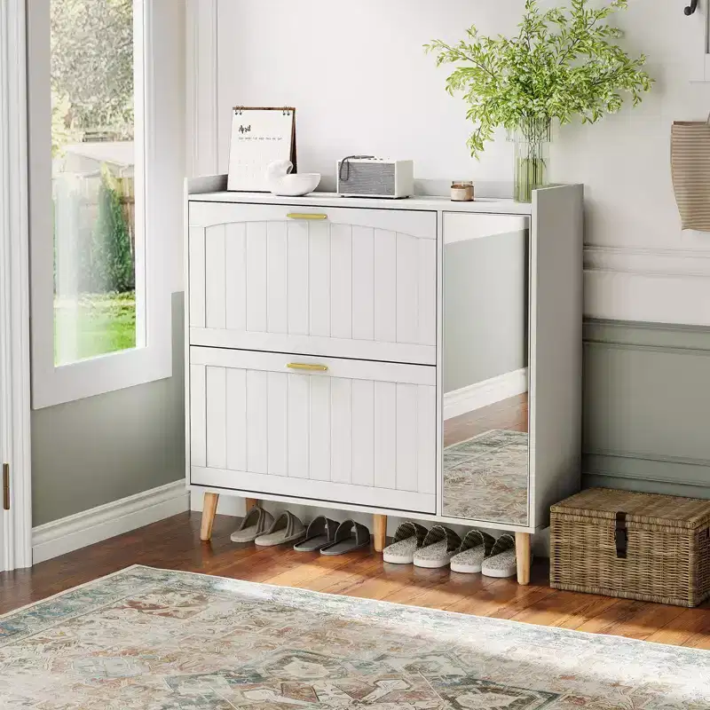 White Wooden Shoe Cabinet with Mirror, 2 Flip Drawers, Holds 20 Pairs