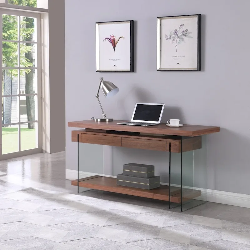 Somette Rotatable Glass and Walnut Veneer Wooden Desk