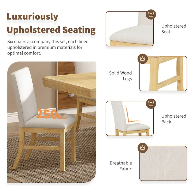 Traditional Style 7-piece Extendable Dining Table Set with Butterfly Leaf and 6 Upholstered Chairs