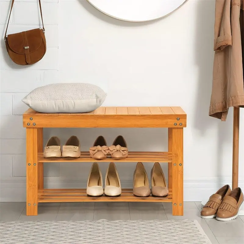 Bamboo Shoe Rack Bench - 27.6D x 10W x 17.6H