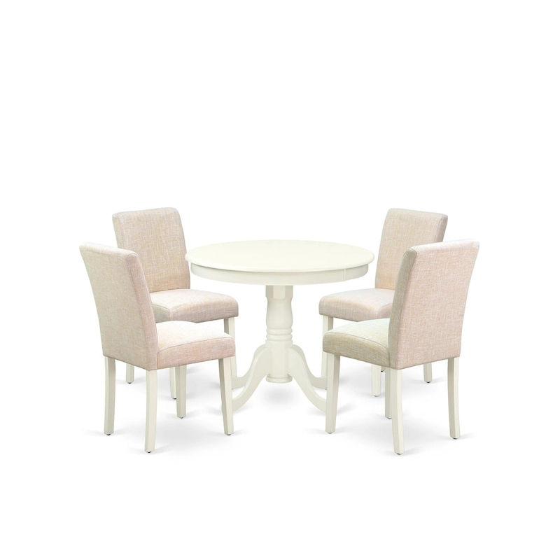 East West Furniture Dining Table Set- A Round Kitchen Table and Light Beige Linen Fabric Chairs, Linen White (Pieces Options)