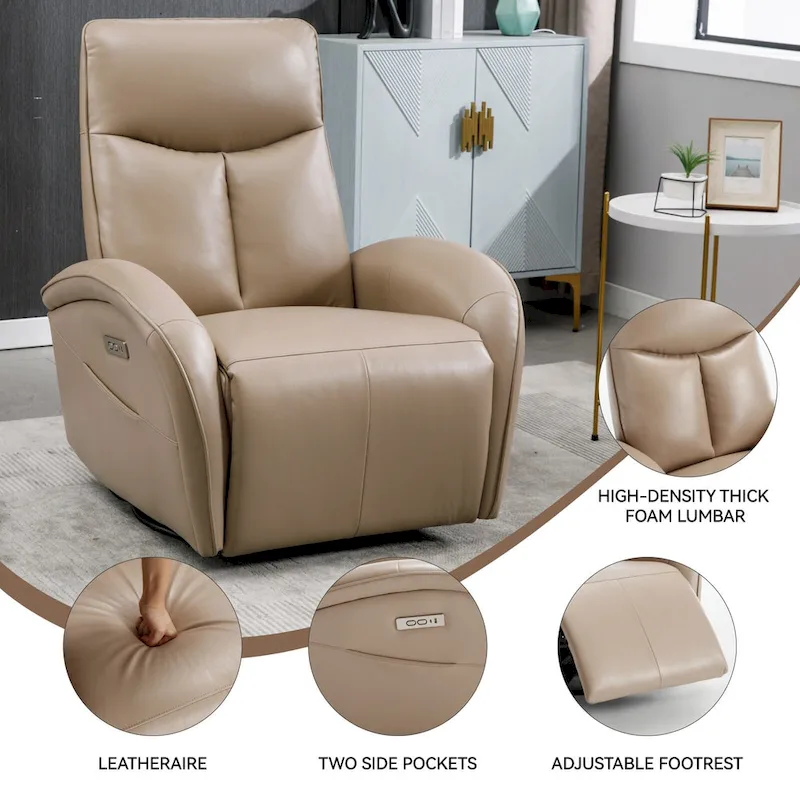 Blue Genuine Leather Power Recliner with Swivel & USB Charging