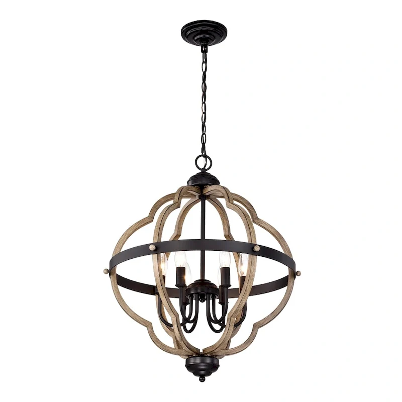 6-Light Brown/Black Round Iron Ceiling Lamp Chandelier with Brown Ringed